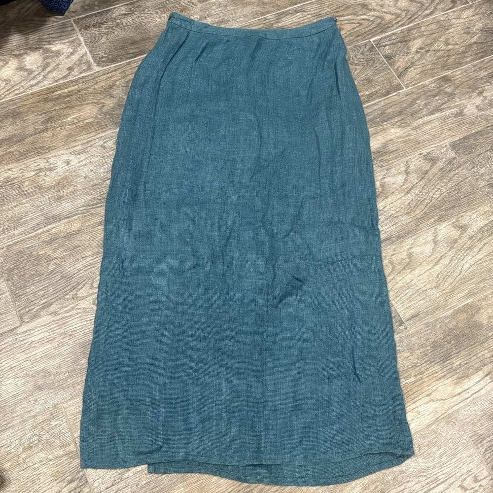 Eileen Fisher 100% Linen Midi Wrap Skirt Green Teal Sz S Italian Fabric Boho